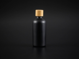 Schwarzglasflasche 100ml, mit Schraubverschluss Bambus
