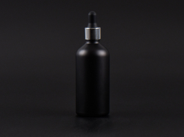Schwarzglasflasche 100ml, mit Pipette silber