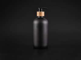 Schwarzglasflasche 480ml, mit Dispenser Bambus