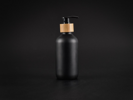 Schwarzglasflasche 220ml, mit Dispenser Bambus