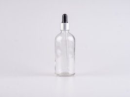 Klarglasflasche 100ml, mit Pipette silber