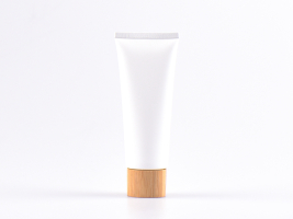 Kosmetiktube 100ml, weiss-matt, mit Deckel Bambus