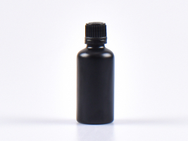 Schwarzglasflasche 50ml, mit Tropfmontur OV, geriffelt